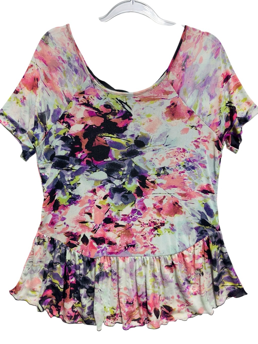 Silky Mesh Knit Abstract Art Floral Ruffle Flutter Babydoll Tunic Top Blouse